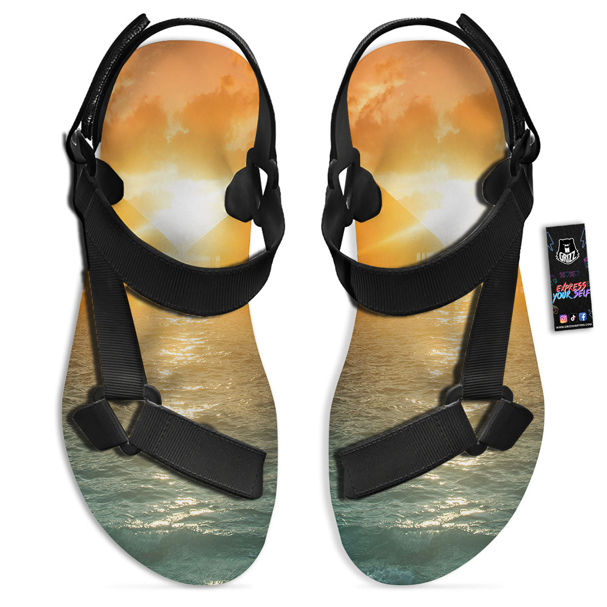 Sunset Maldives Print Black Open Toe Sandals-grizzshop
