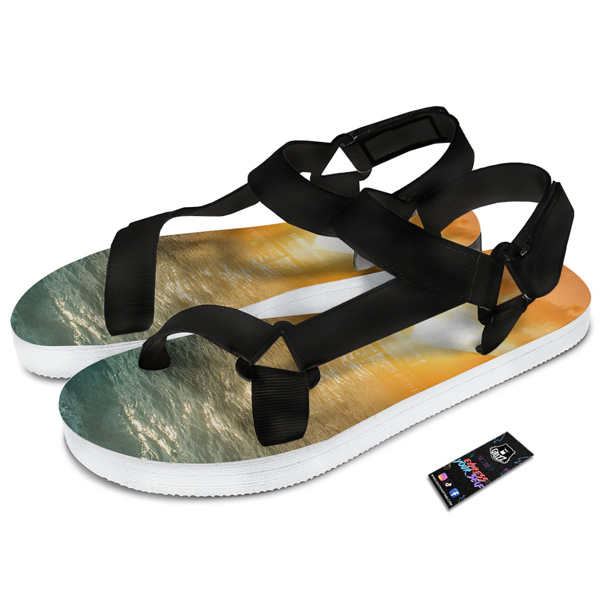 Sunset Maldives Print Black Open Toe Sandals-grizzshop