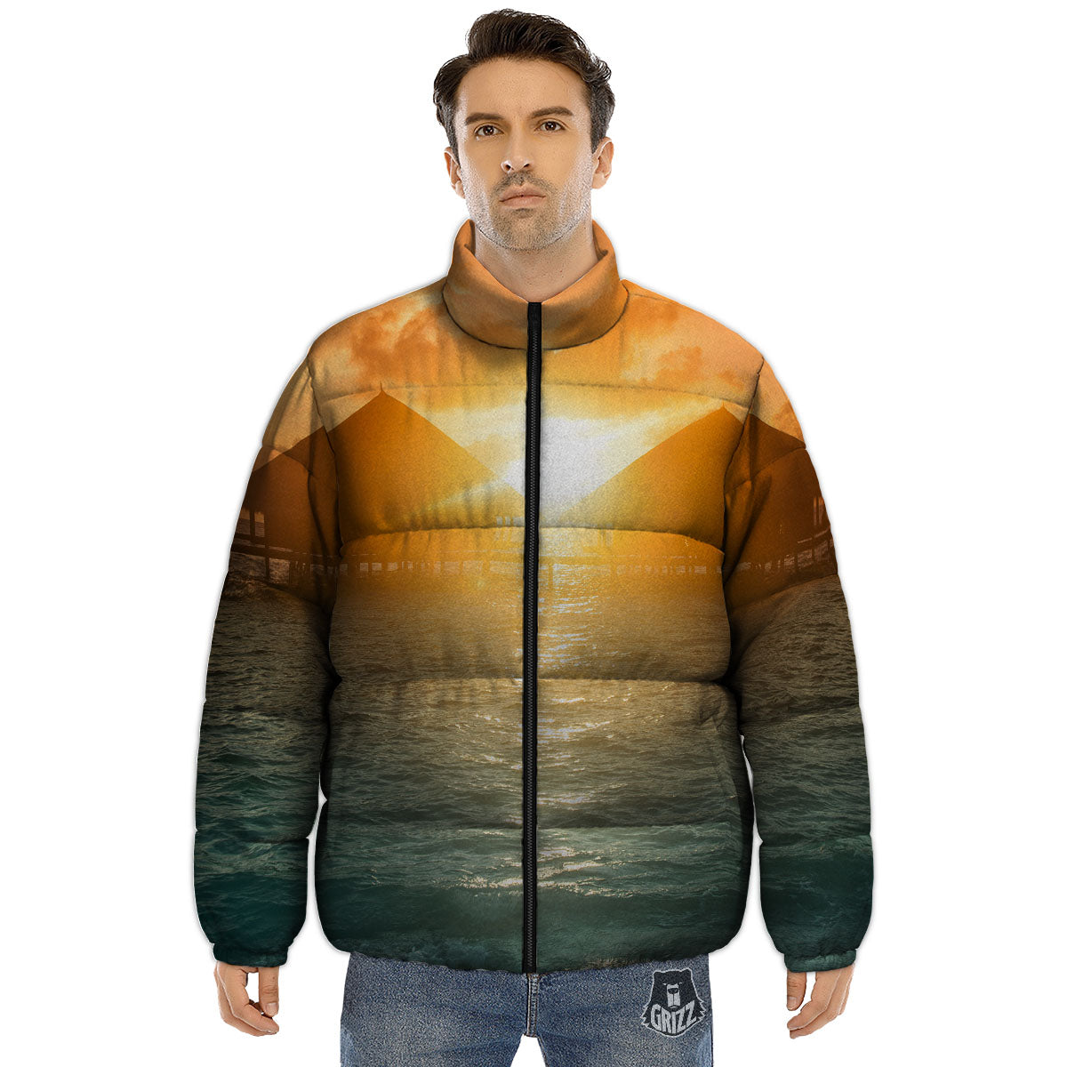 Sunset Maldives Print Puffer Jacket-grizzshop