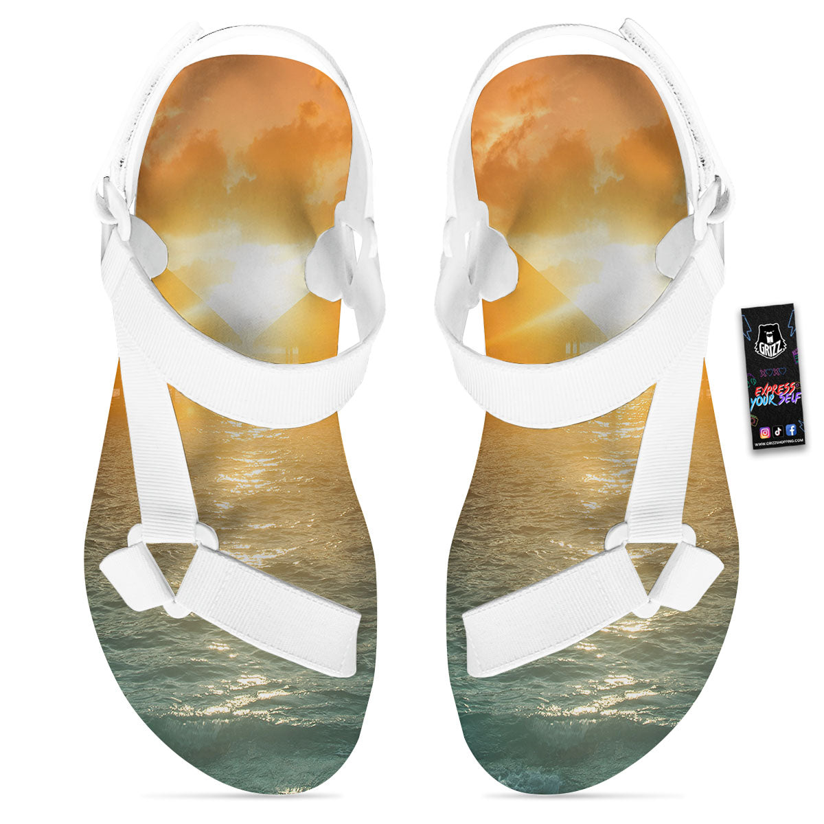 Sunset Maldives Print White Open Toe Sandals-grizzshop