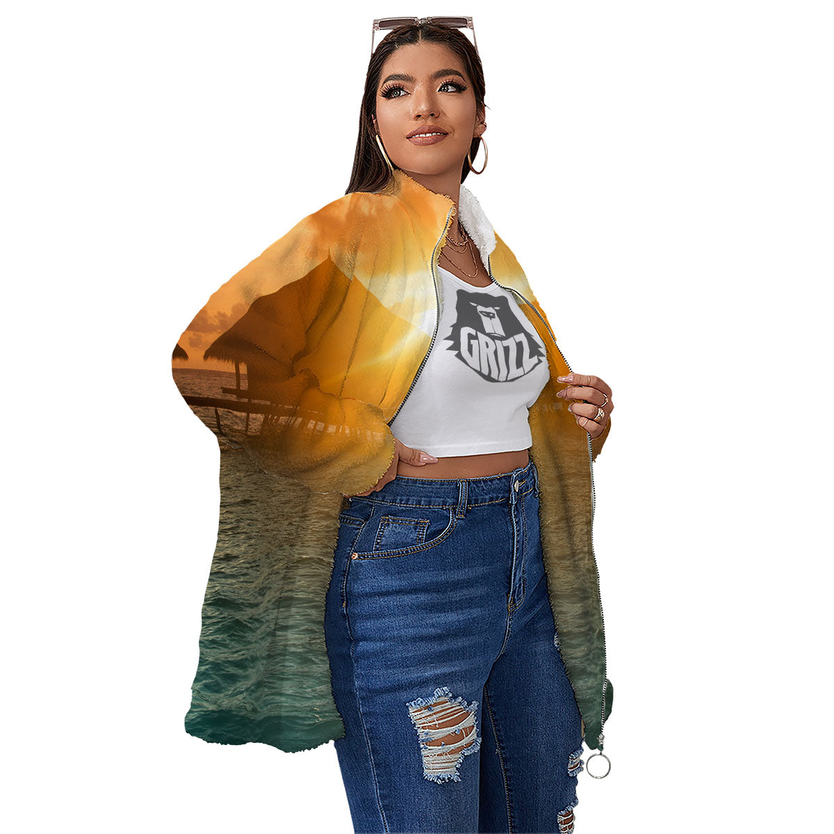 Sunset Maldives Print Women's Sherpa Jacket-grizzshop