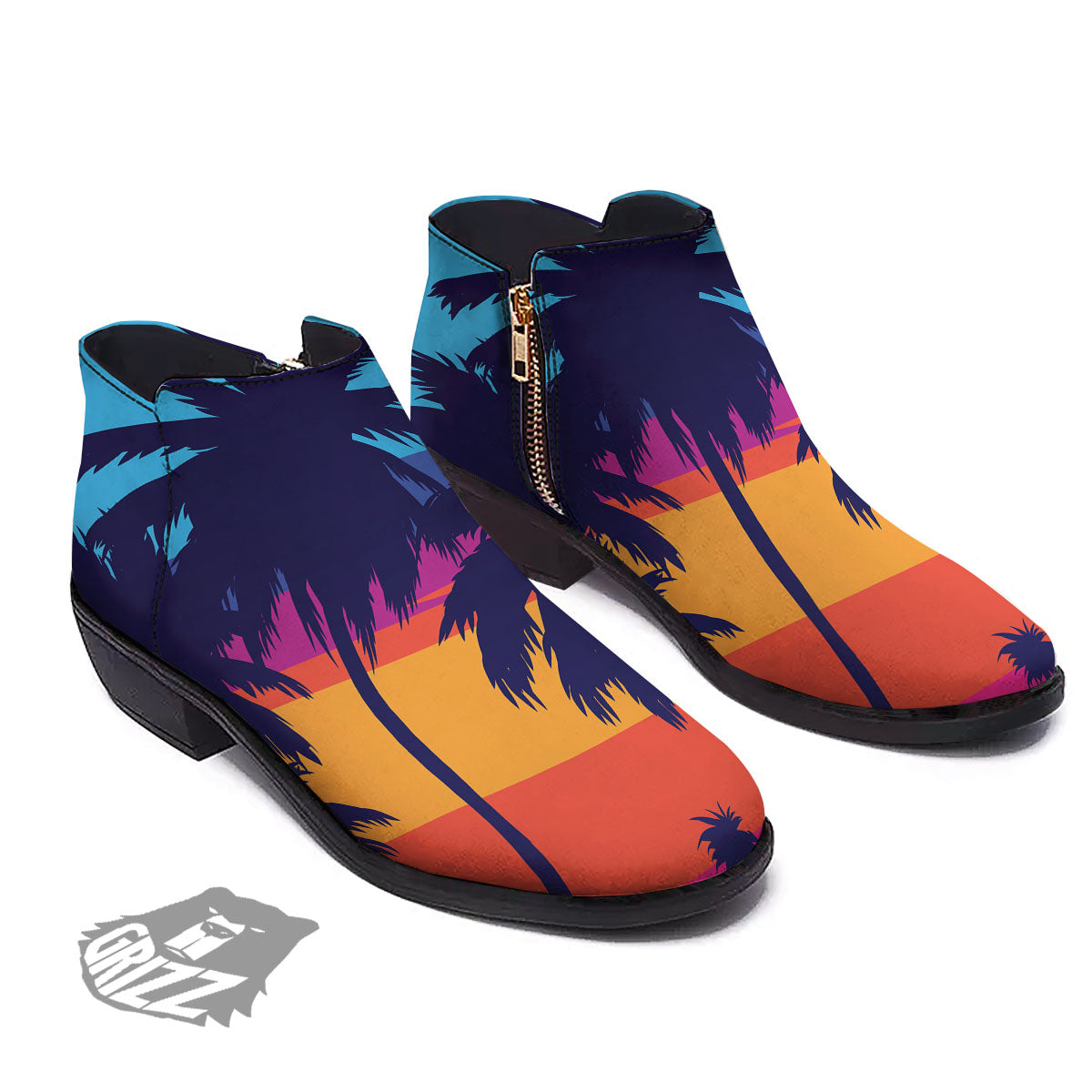 Sunset On The Beach And Palm Trees Print Ankle Boots-grizzshop