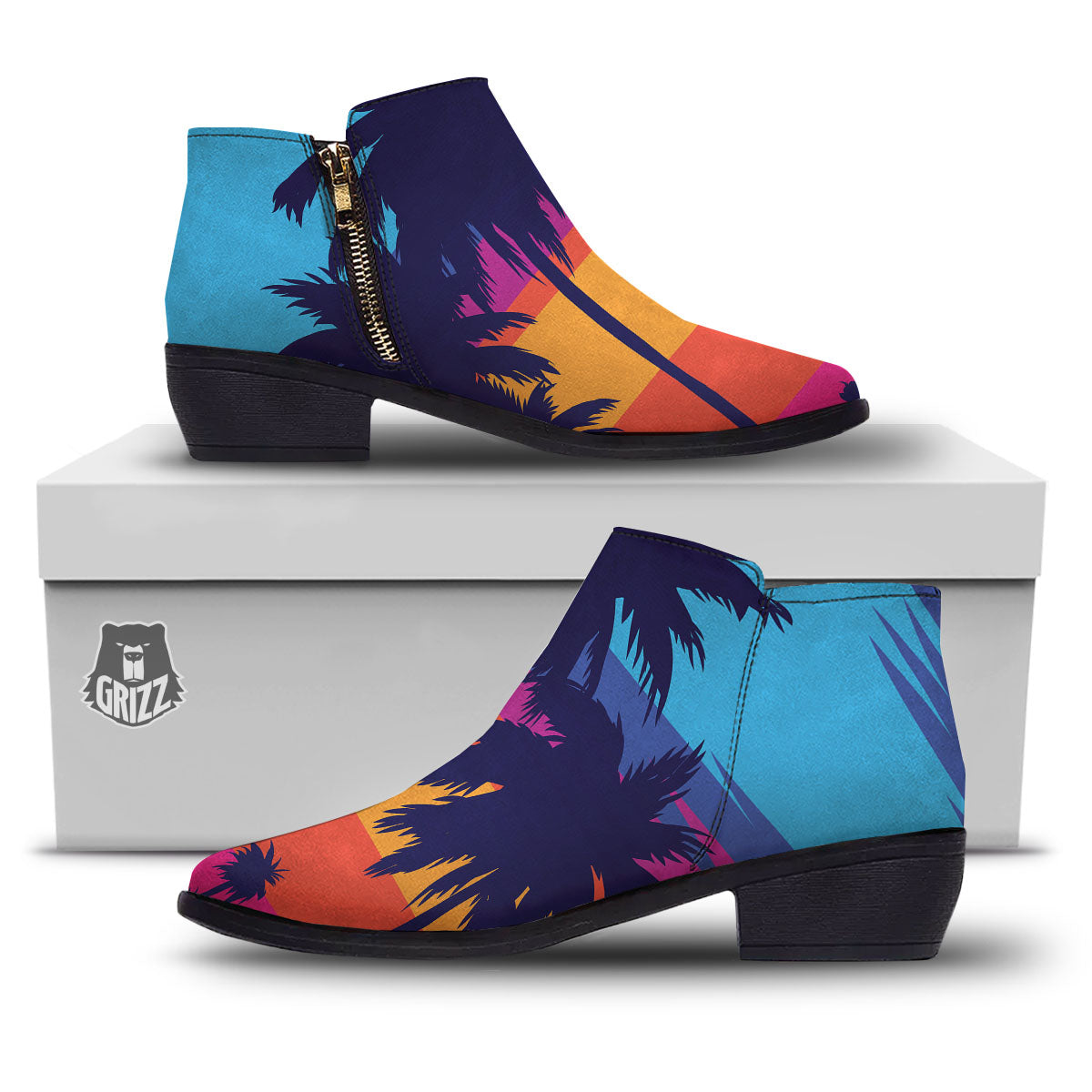 Sunset On The Beach And Palm Trees Print Ankle Boots-grizzshop