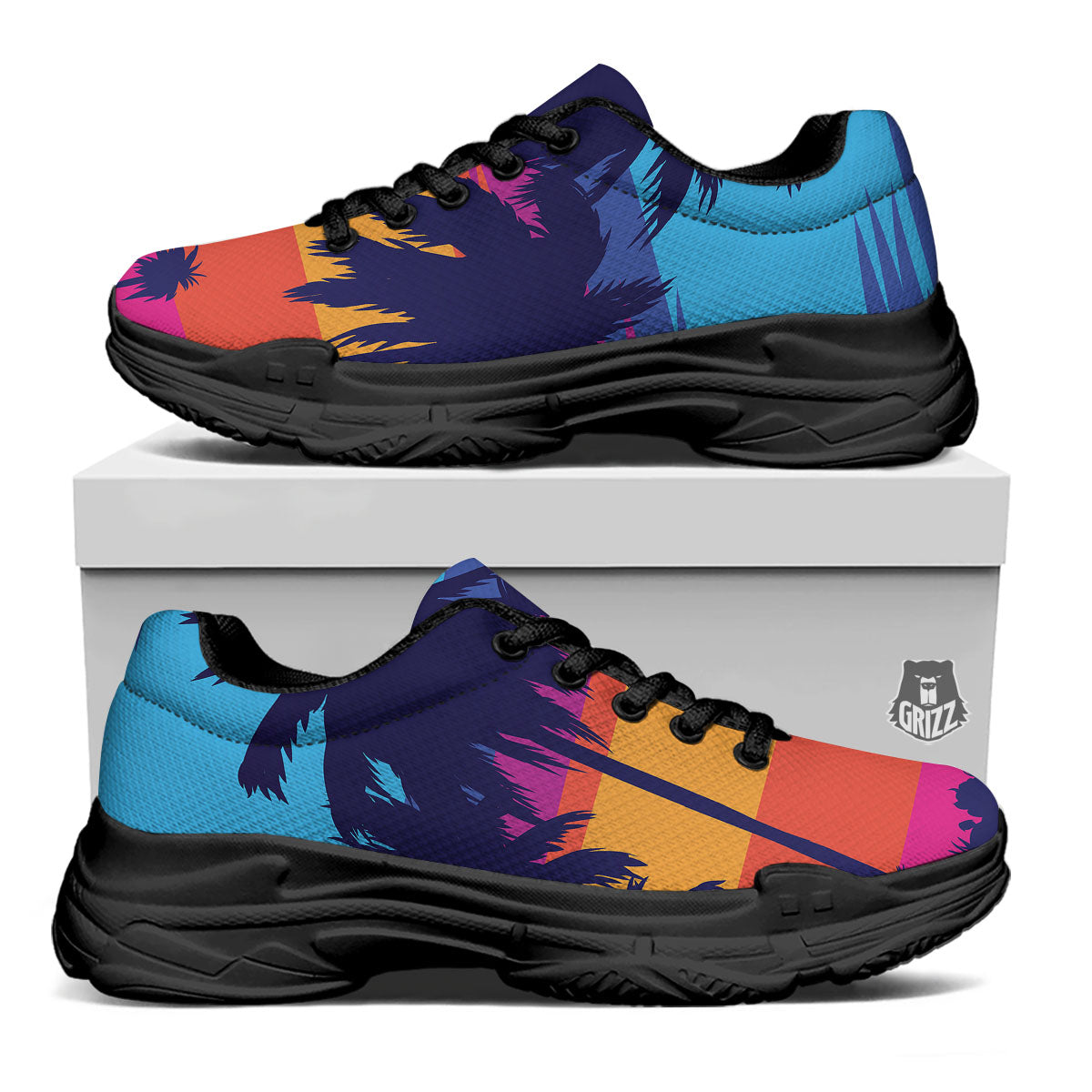 Sunset On The Beach And Palm Trees Print Black Chunky Shoes-grizzshop