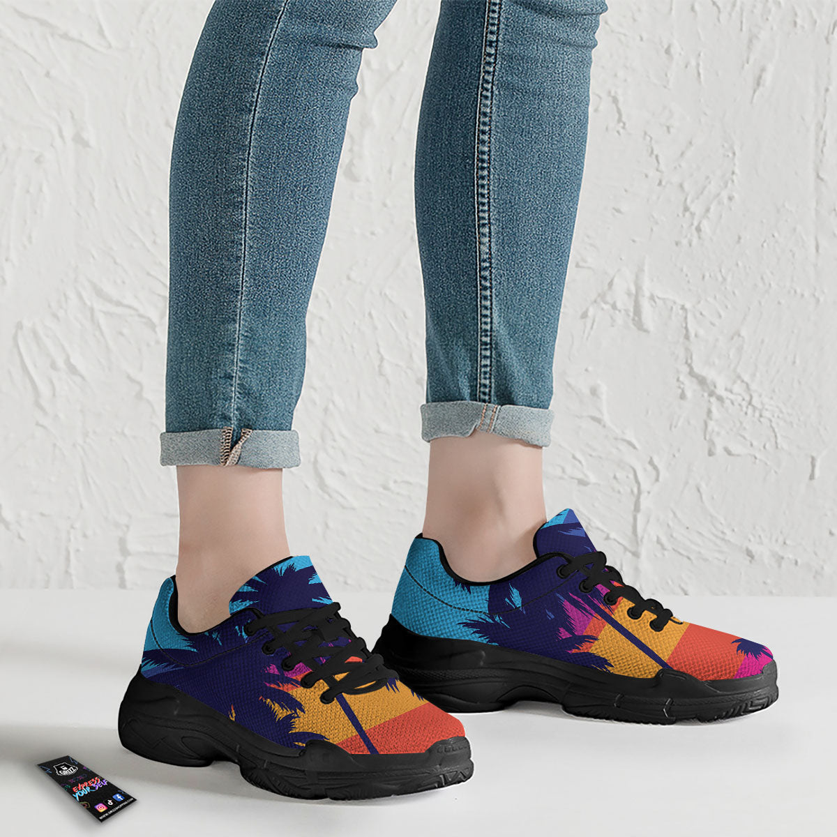 Sunset On The Beach And Palm Trees Print Black Chunky Shoes-grizzshop