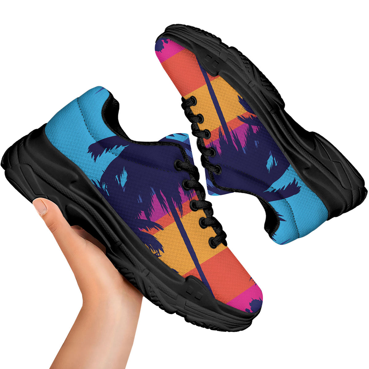 Sunset On The Beach And Palm Trees Print Black Chunky Shoes-grizzshop