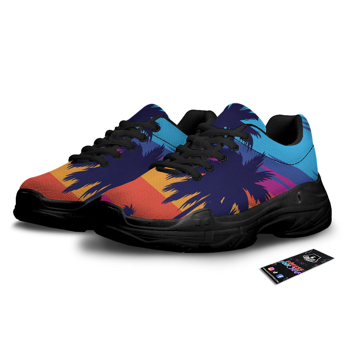 Sunset On The Beach And Palm Trees Print Black Chunky Shoes-grizzshop