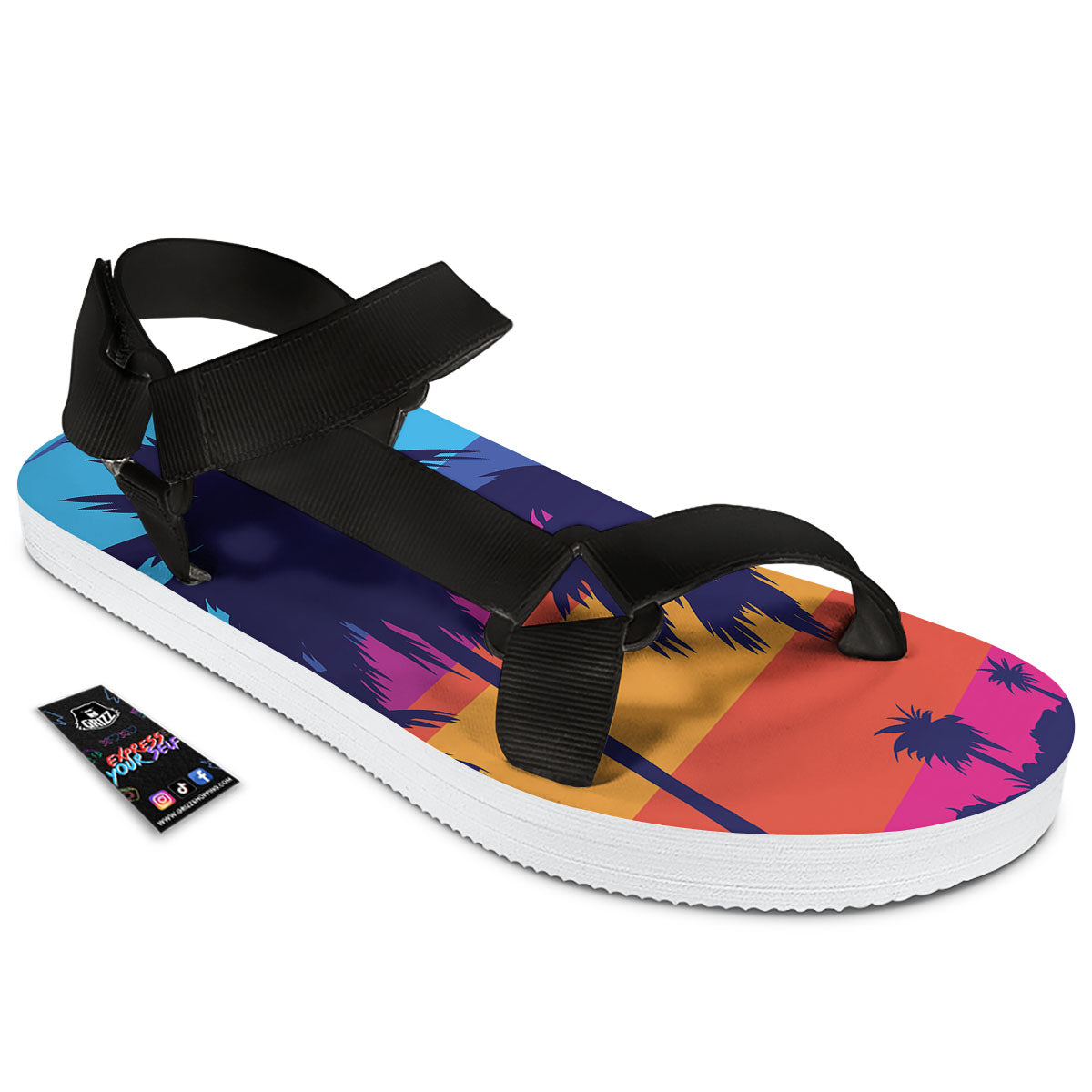 Sunset On The Beach And Palm Trees Print Black Open Toe Sandals-grizzshop