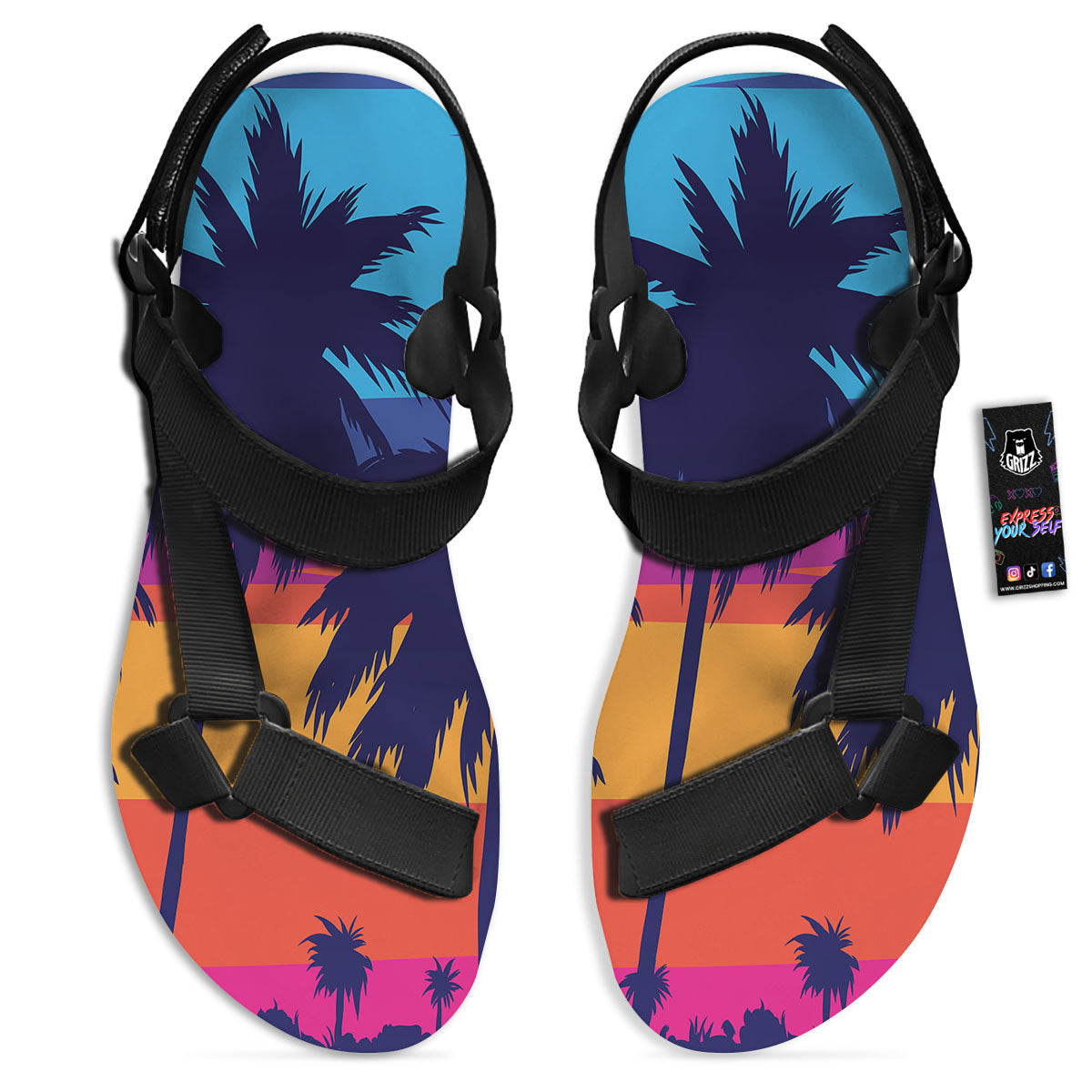 Sunset On The Beach And Palm Trees Print Black Open Toe Sandals-grizzshop