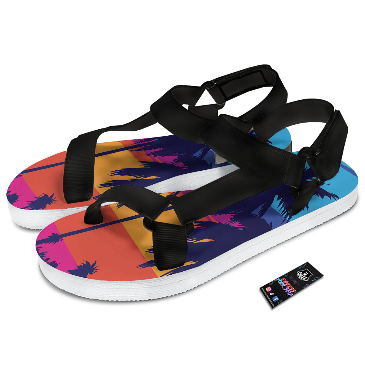 Sunset On The Beach And Palm Trees Print Black Open Toe Sandals-grizzshop