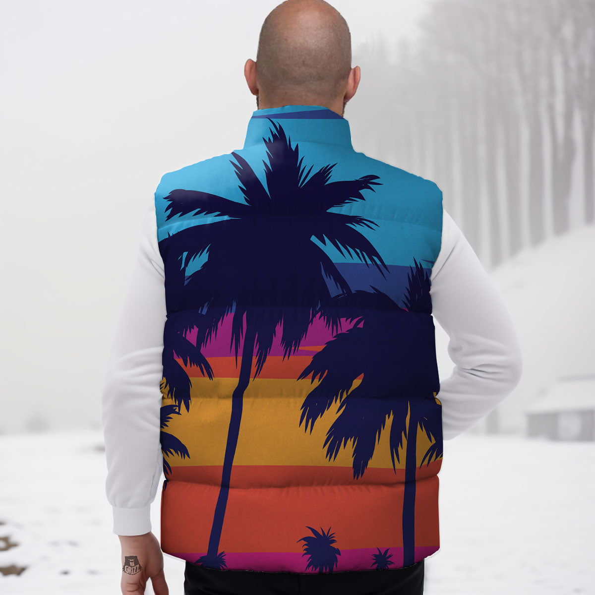 Sunset On The Beach And Palm Trees Print Down Vest