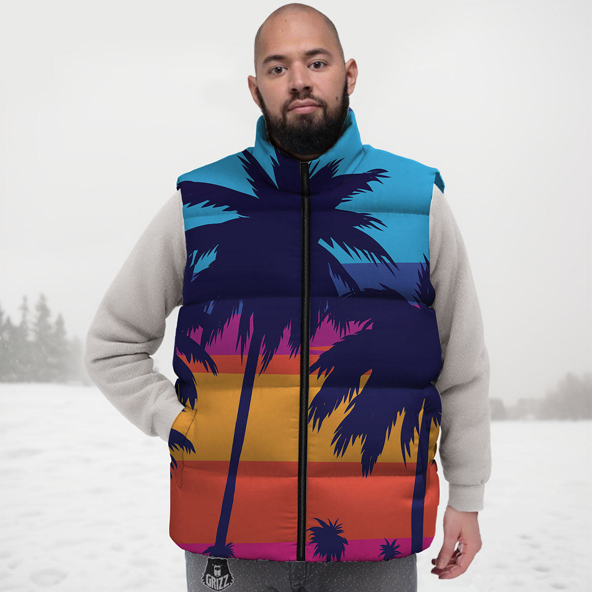 Sunset On The Beach And Palm Trees Print Down Vest
