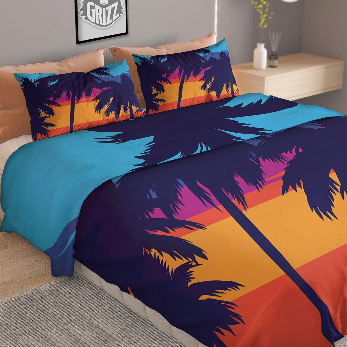 Sunset On The Beach And Palm Trees Print Duvet Cover Bedding Set
