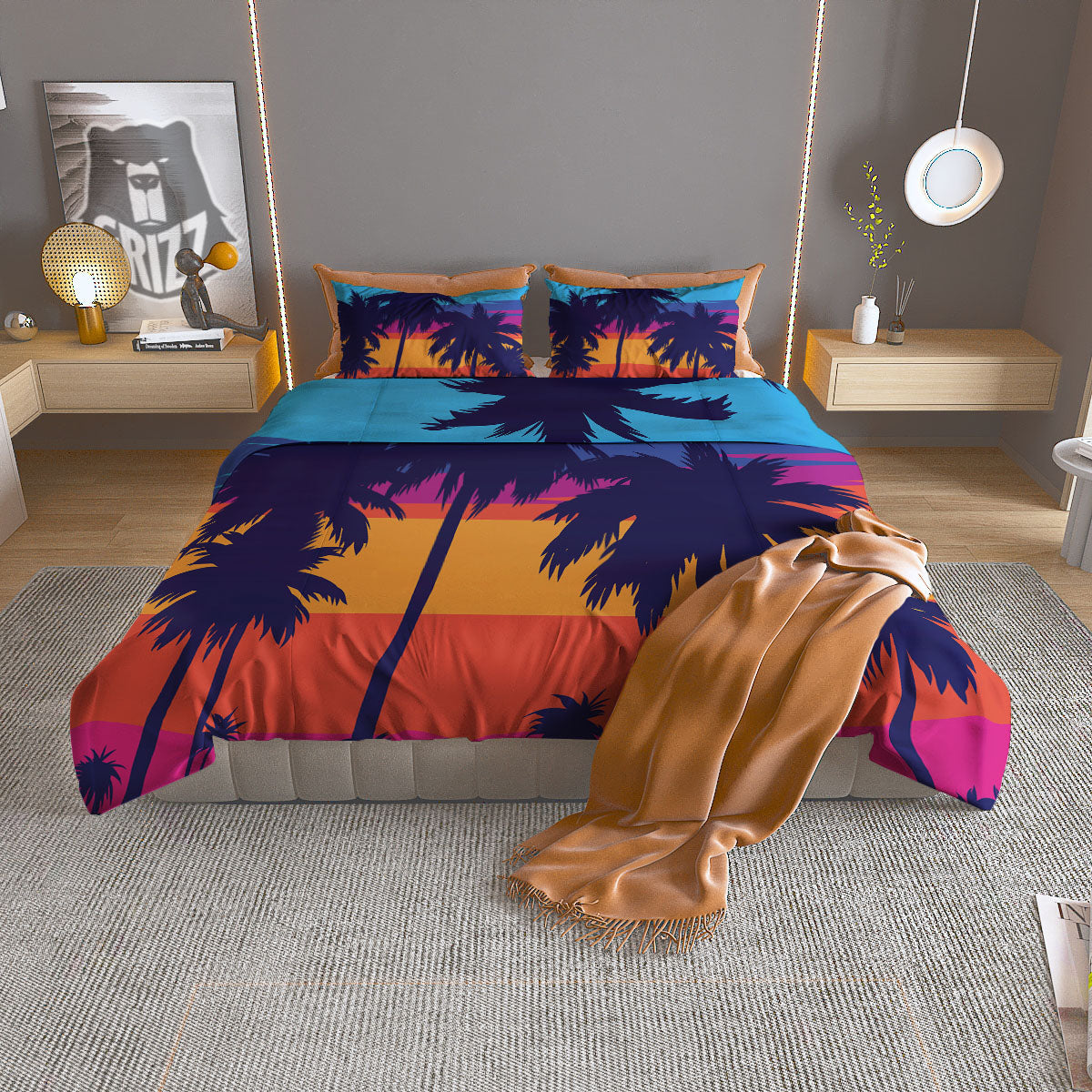 Sunset On The Beach And Palm Trees Print Duvet Cover Bedding Set