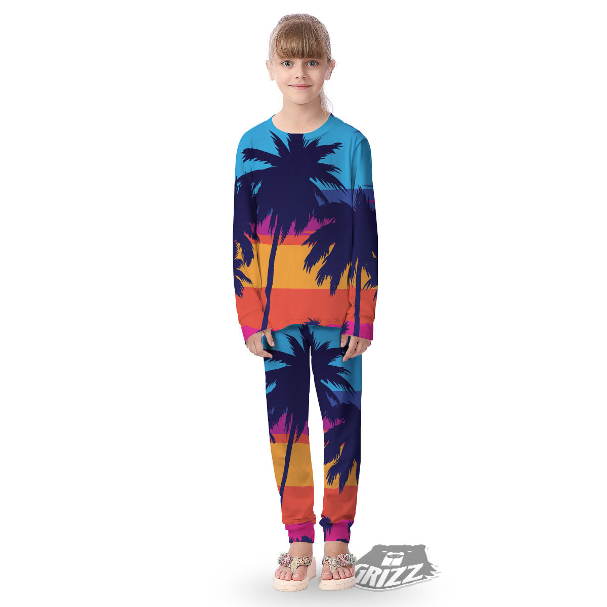 Sunset On The Beach And Palm Trees Print Kid's Pajamas-grizzshop