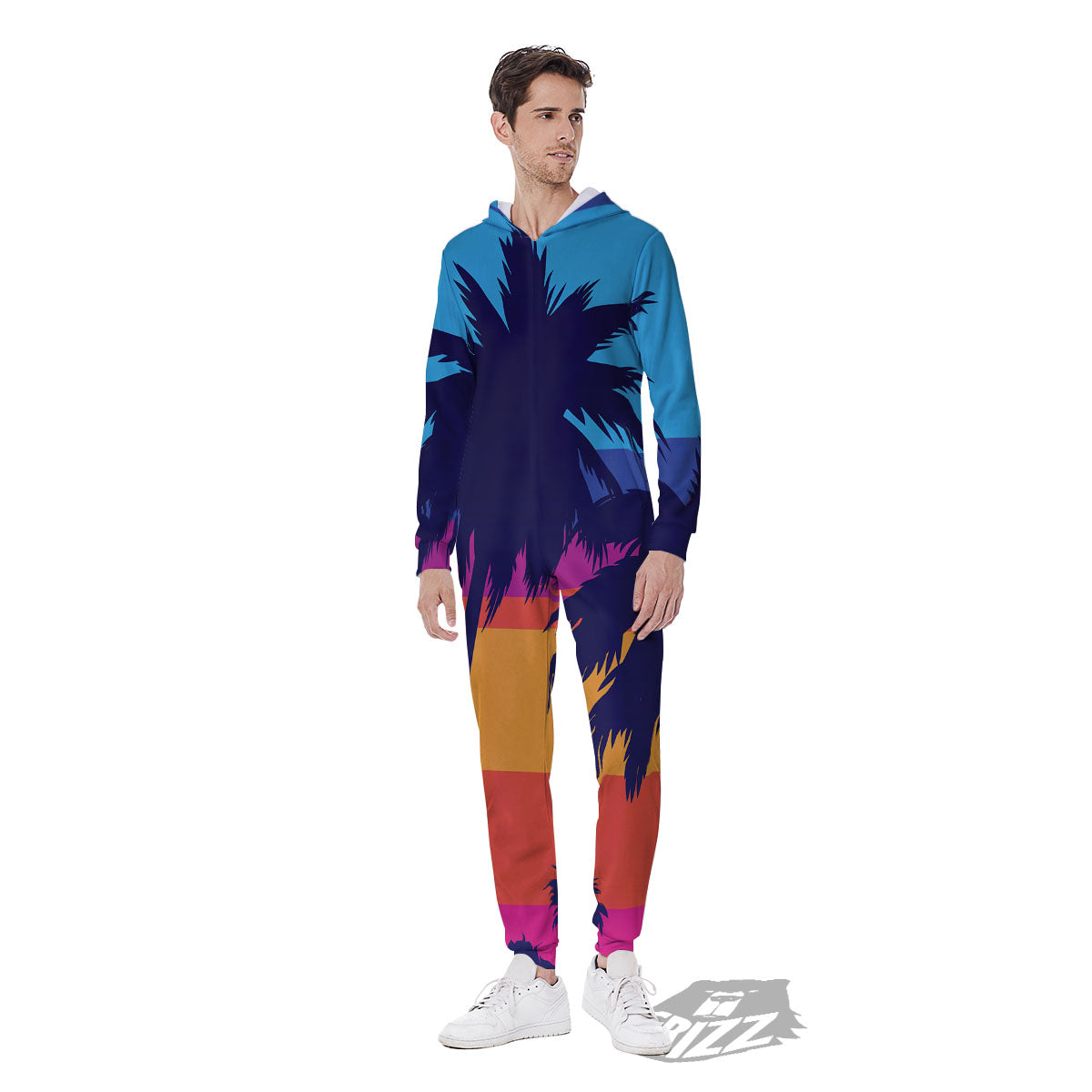 Sunset On The Beach And Palm Trees Print Men's Jumpsuit-grizzshop