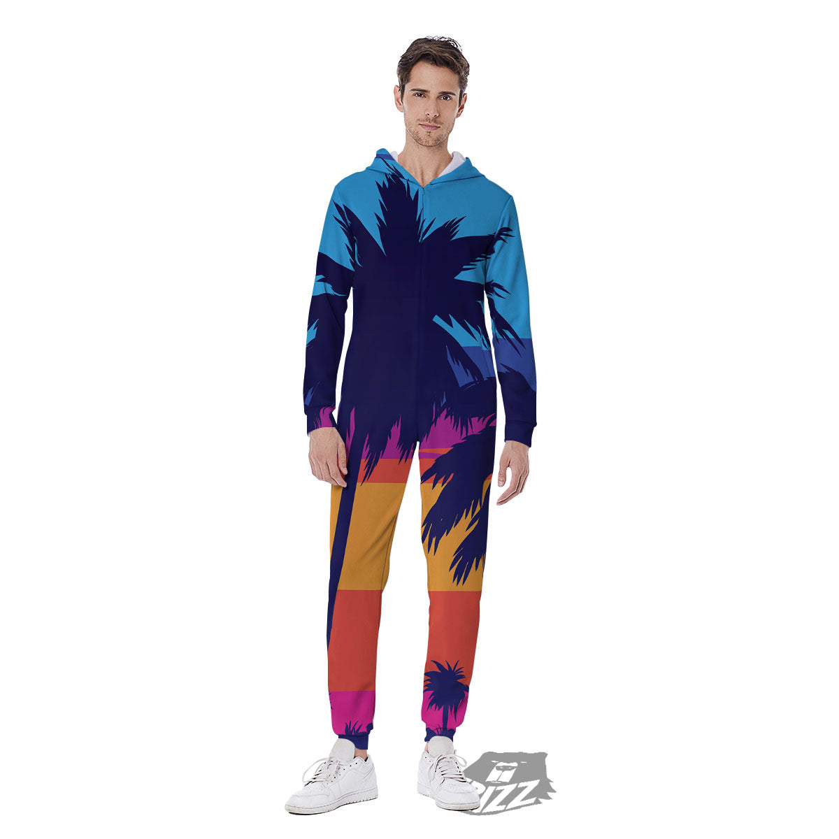 Sunset On The Beach And Palm Trees Print Men's Jumpsuit-grizzshop