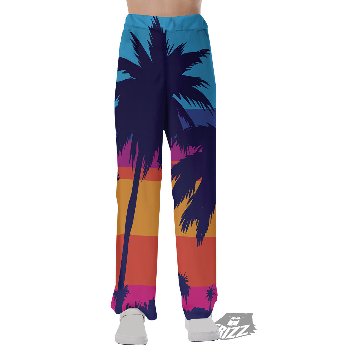 Sunset On The Beach And Palm Trees Print Pajama Pants-grizzshop