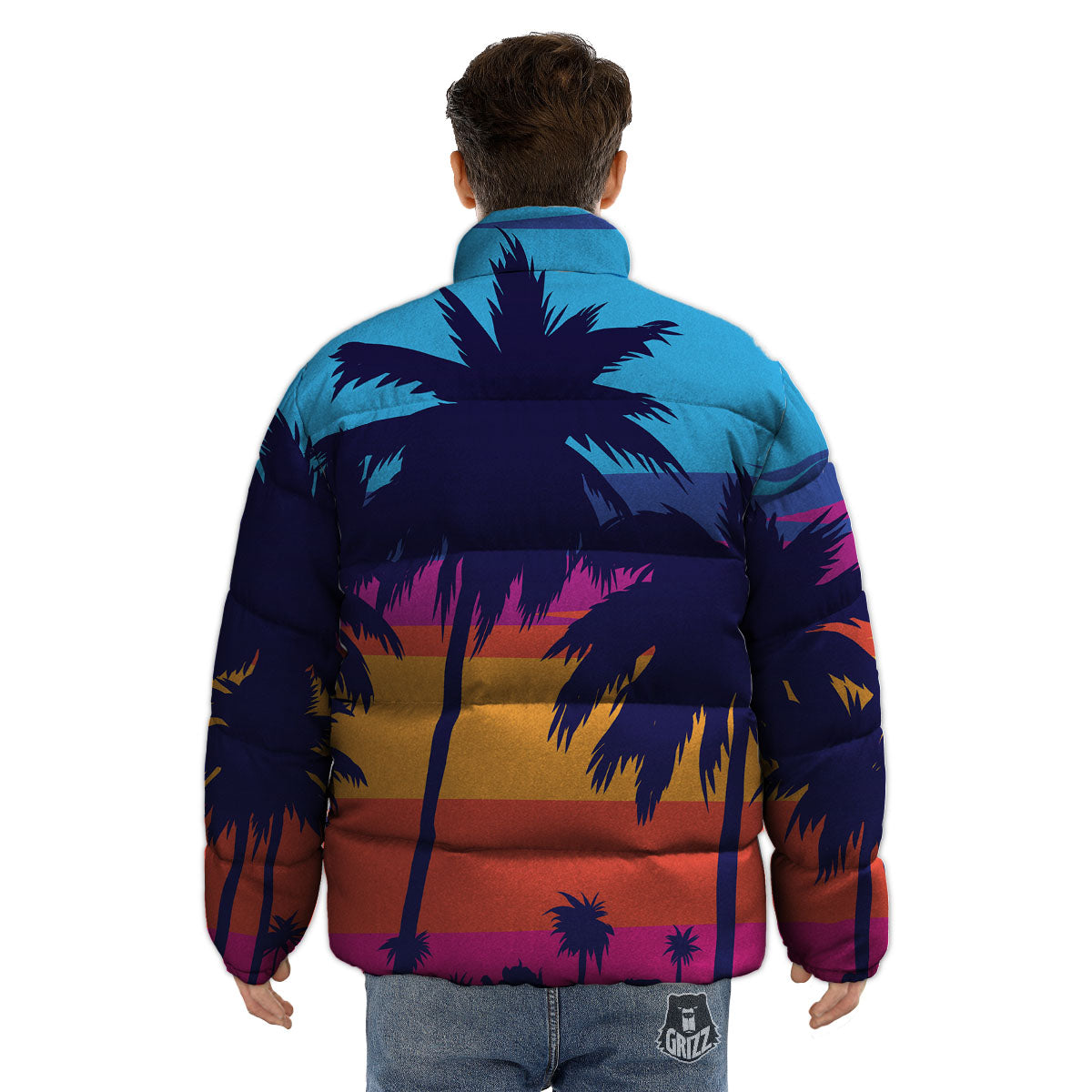 Sunset On The Beach And Palm Trees Print Puffer Jacket-grizzshop