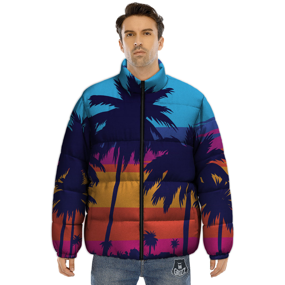Sunset On The Beach And Palm Trees Print Puffer Jacket-grizzshop