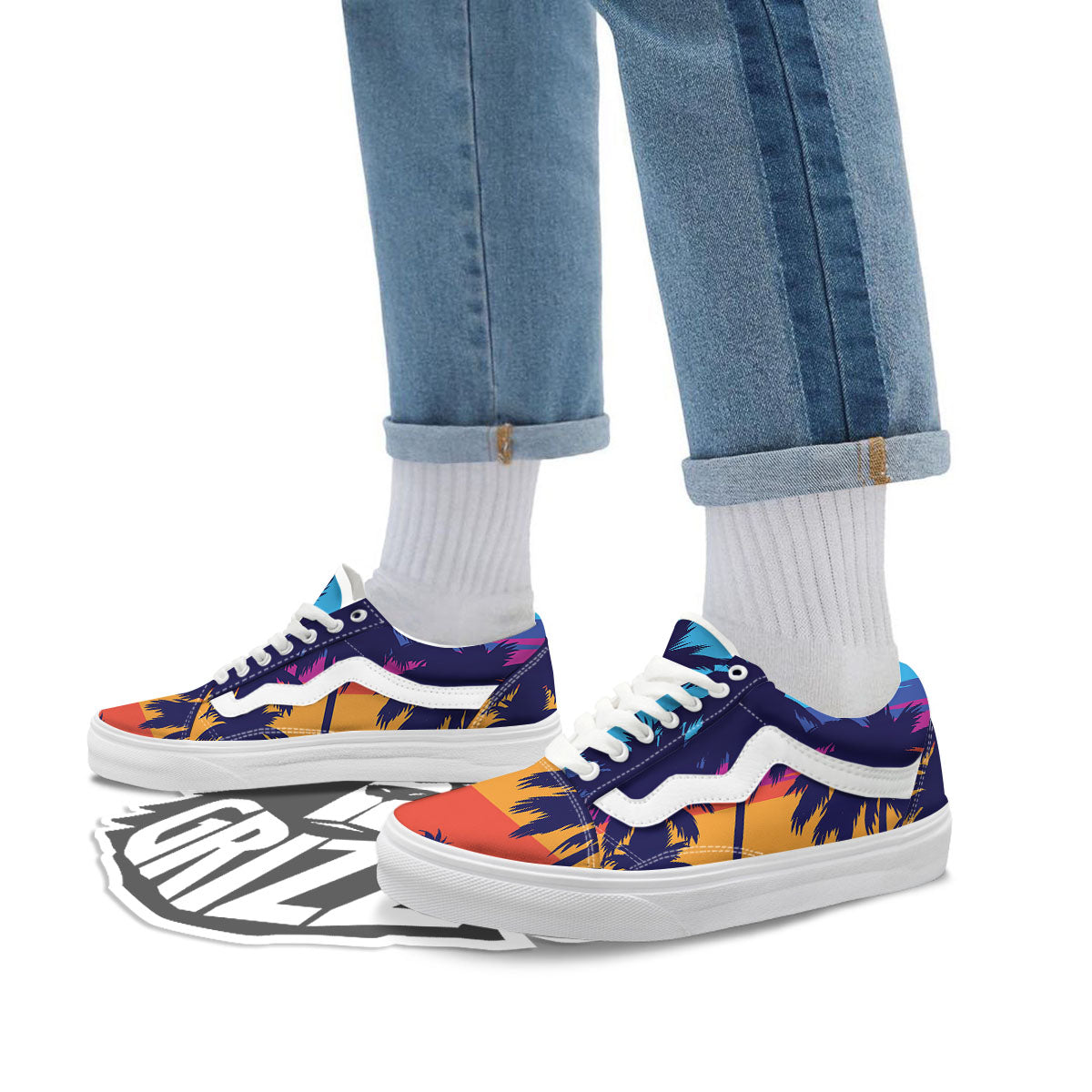 Sunset On The Beach And Palm Trees Print Skate Shoes-grizzshop