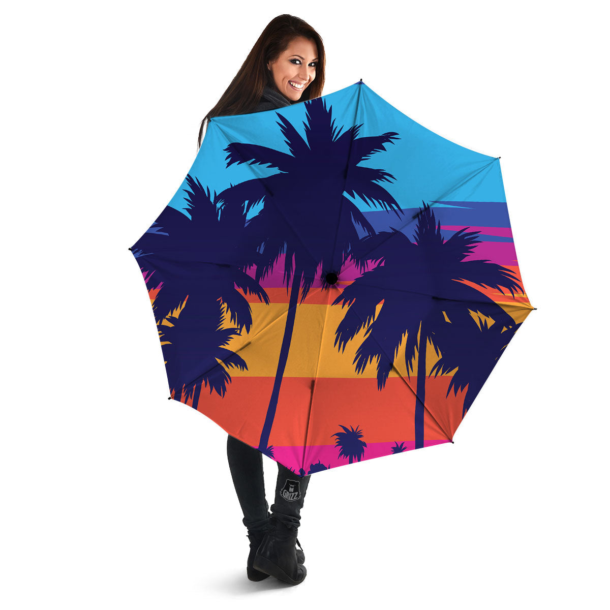 Sunset On The Beach And Palm Trees Print Umbrella-grizzshop