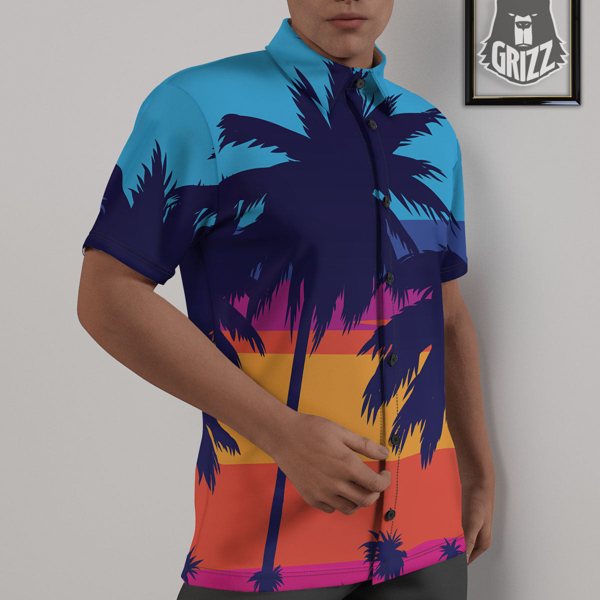 Sunset On The Beach And Palm Trees Print Untucked Shirts-grizzshop