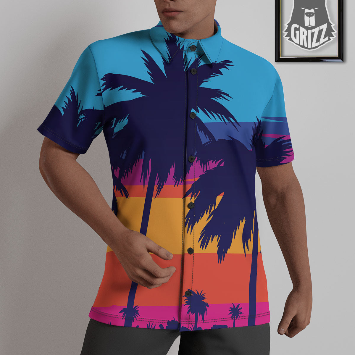 Sunset On The Beach And Palm Trees Print Untucked Shirts-grizzshop
