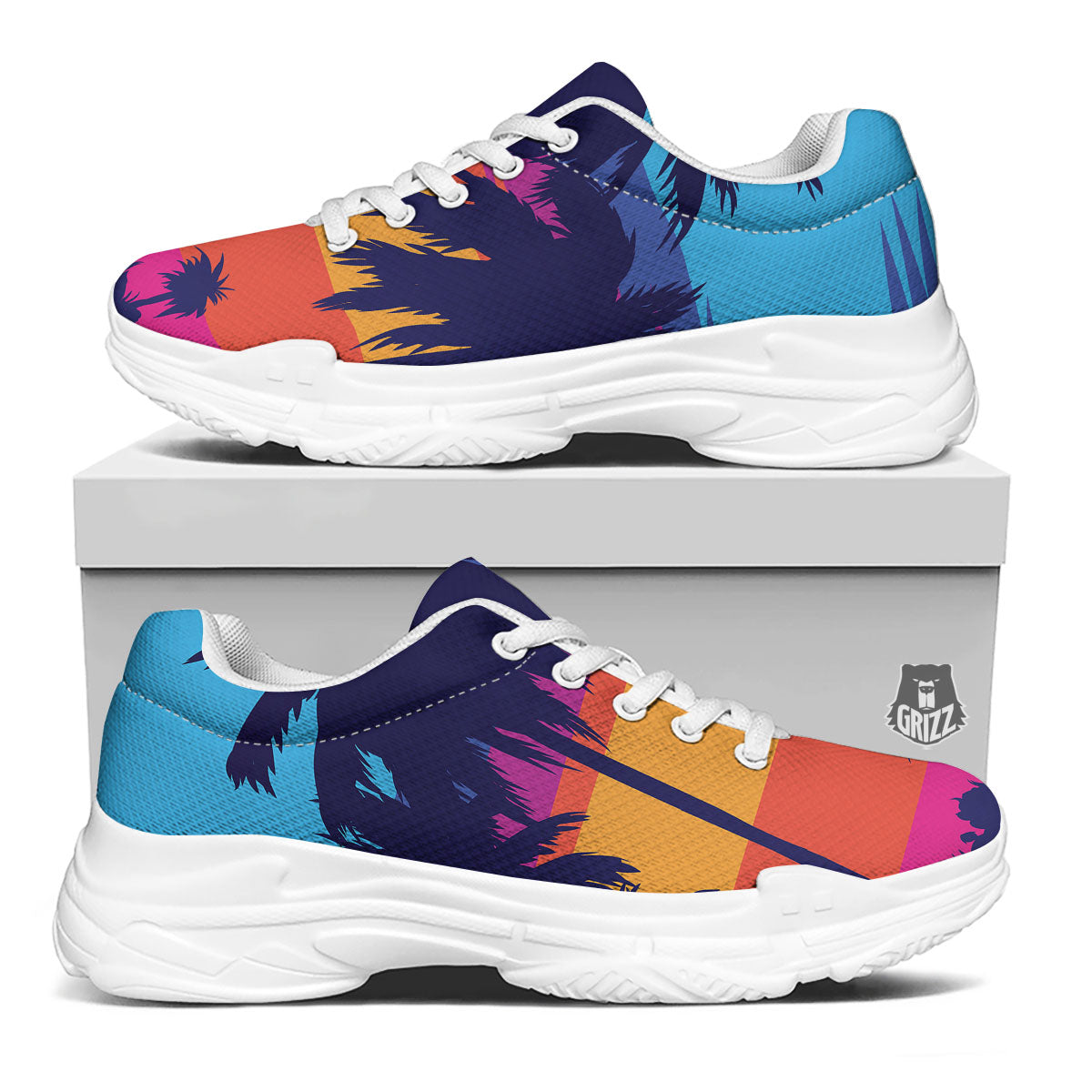 Sunset On The Beach And Palm Trees Print White Chunky Shoes-grizzshop