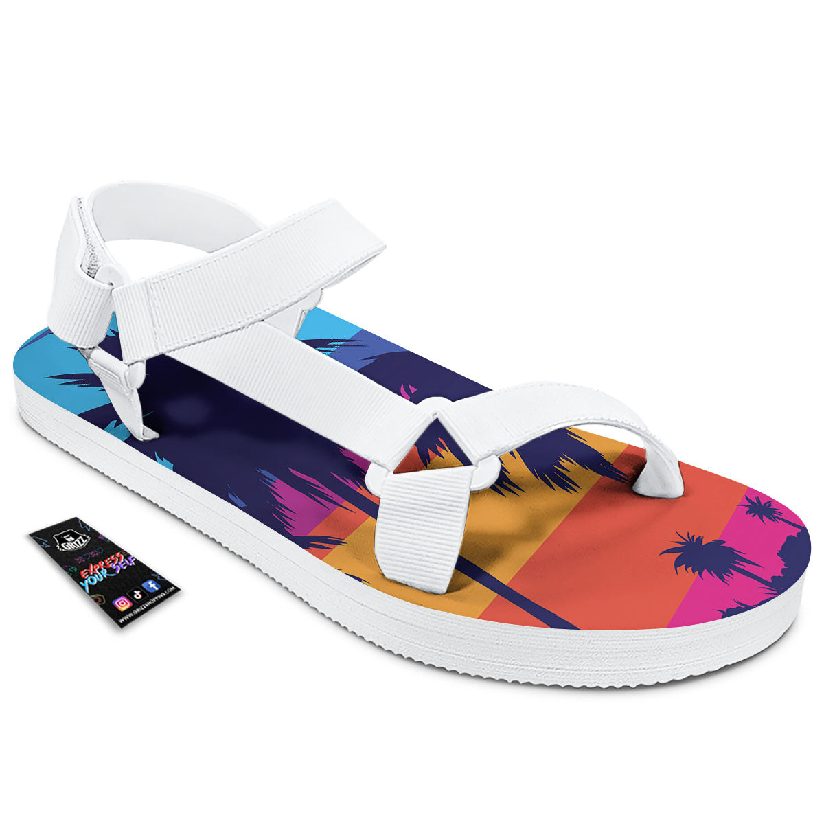 Sunset On The Beach And Palm Trees Print White Open Toe Sandals-grizzshop