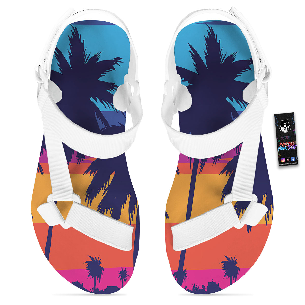 Sunset On The Beach And Palm Trees Print White Open Toe Sandals-grizzshop