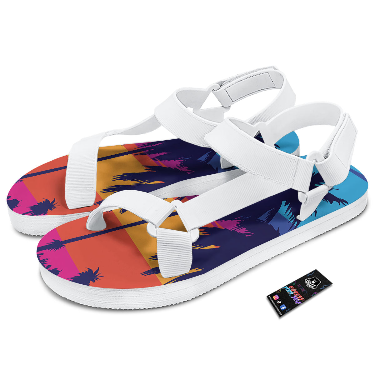 Sunset On The Beach And Palm Trees Print White Open Toe Sandals-grizzshop