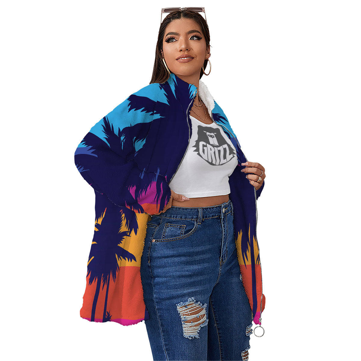 Sunset On The Beach And Palm Trees Print Women's Sherpa Jacket-grizzshop