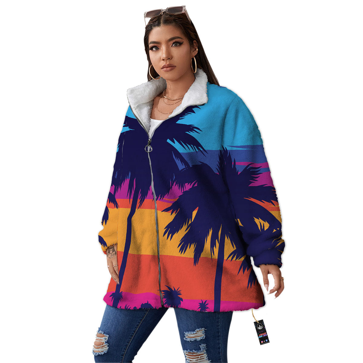 Sunset On The Beach And Palm Trees Print Women's Sherpa Jacket-grizzshop