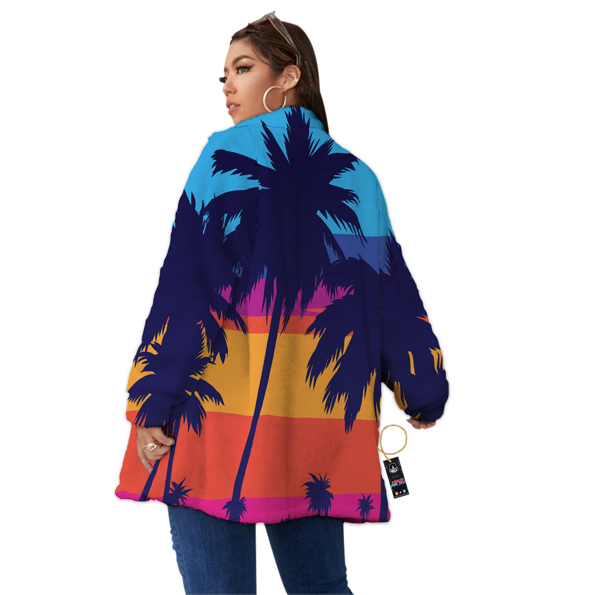 Sunset On The Beach And Palm Trees Print Women's Sherpa Jacket-grizzshop