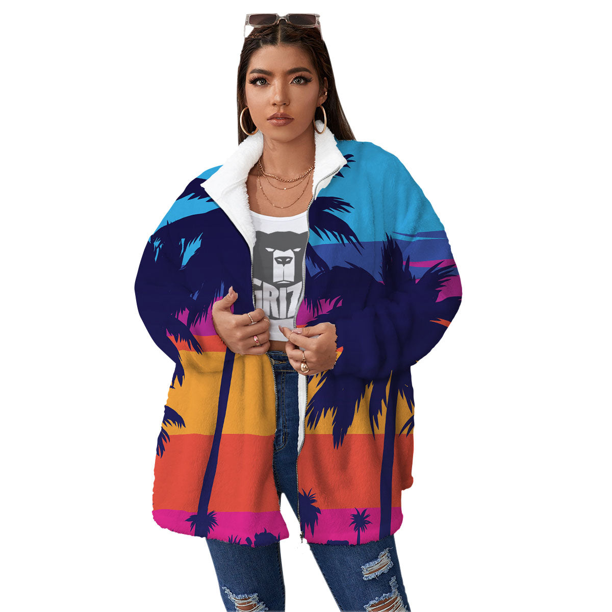 Sunset On The Beach And Palm Trees Print Women's Sherpa Jacket-grizzshop