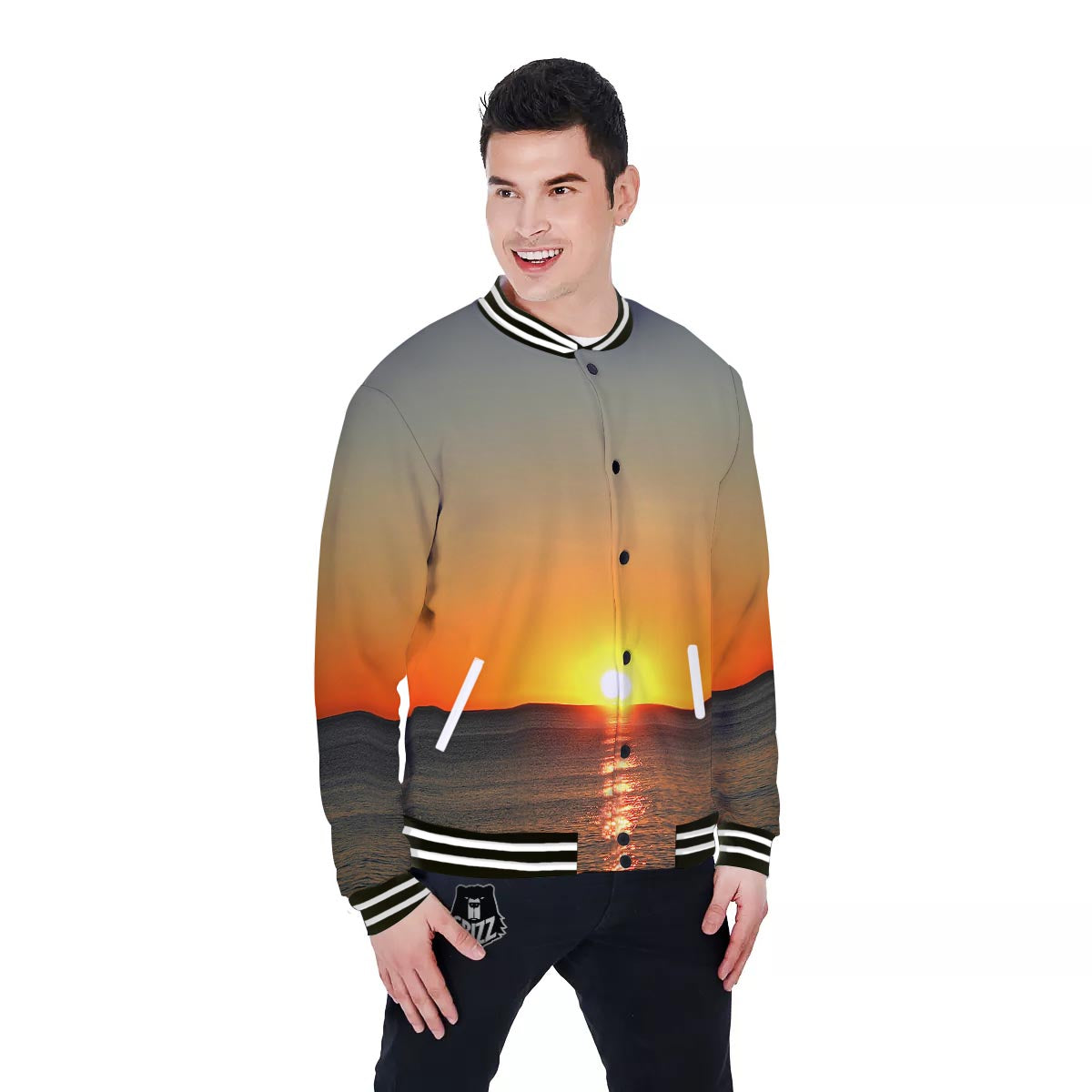 Sunset Over Sea Print Baseball Jacket-grizzshop