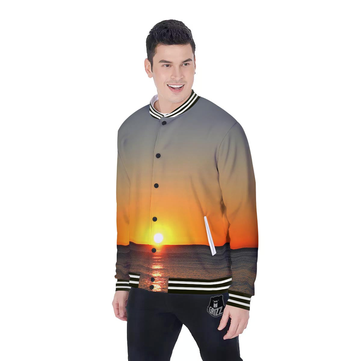 Sunset Over Sea Print Baseball Jacket-grizzshop