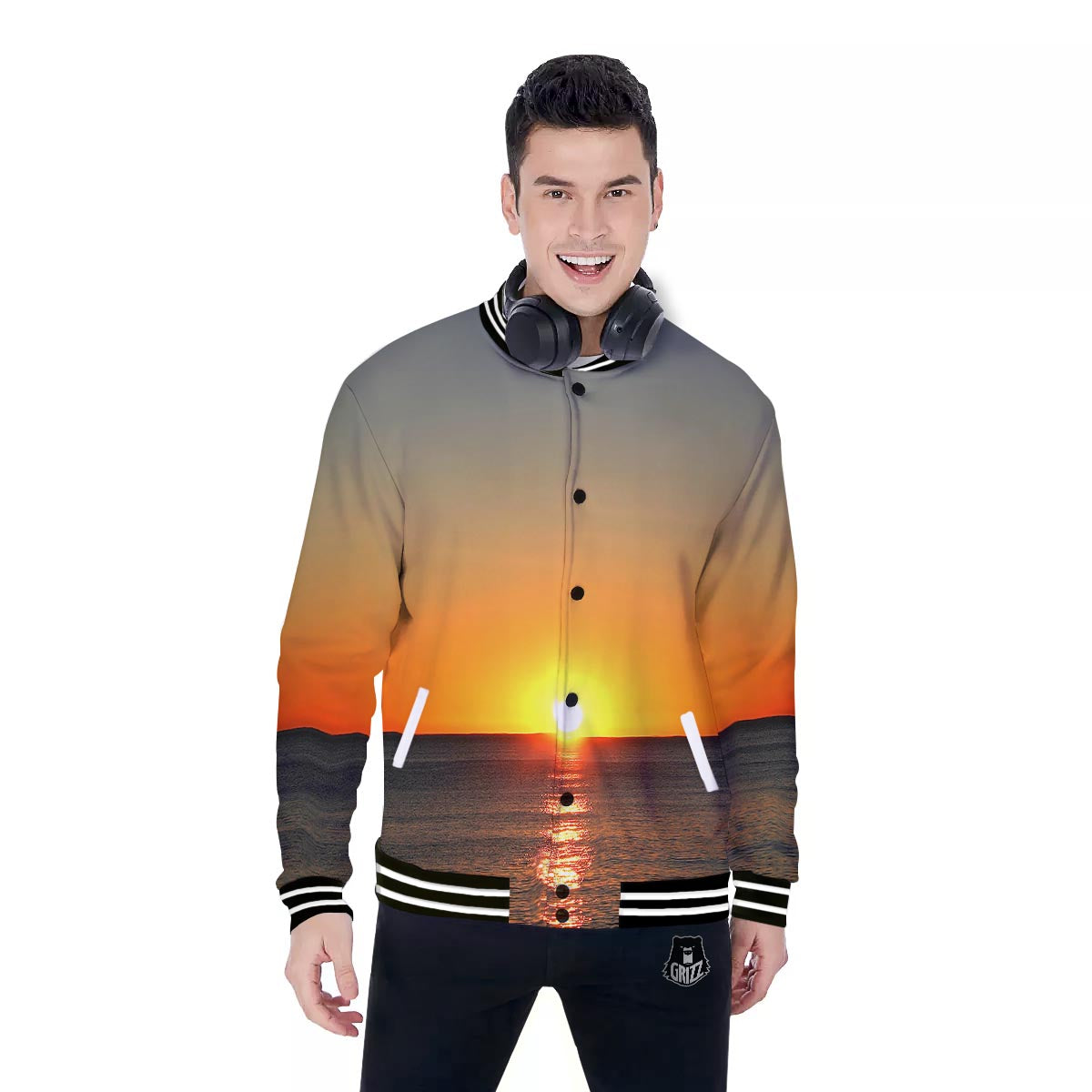 Sunset Over Sea Print Baseball Jacket-grizzshop