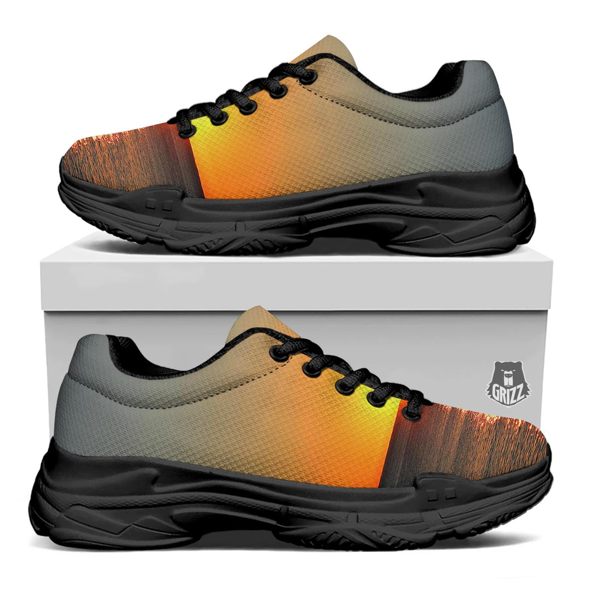 Sunset Over Sea Print Black Chunky Shoes-grizzshop