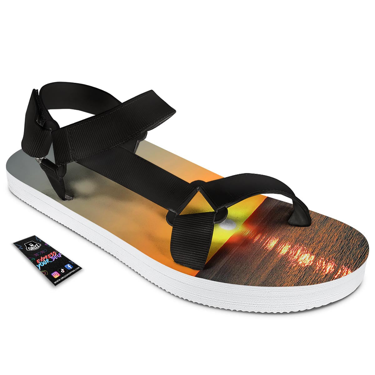 Sunset Over Sea Print Black Open Toe Sandals-grizzshop
