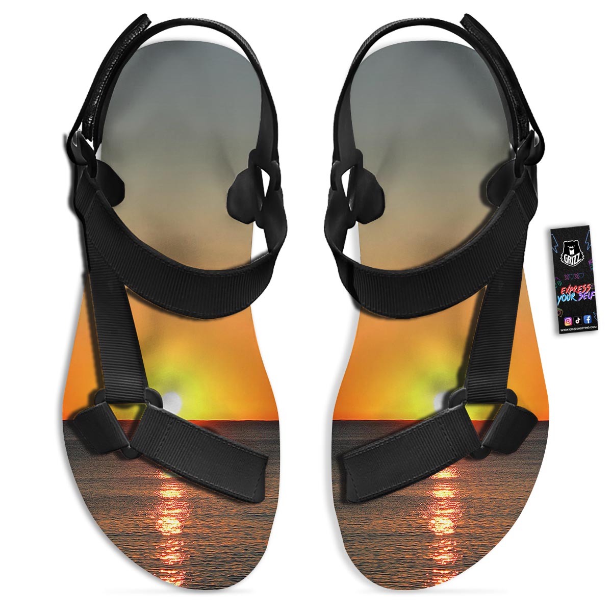 Sunset Over Sea Print Black Open Toe Sandals-grizzshop