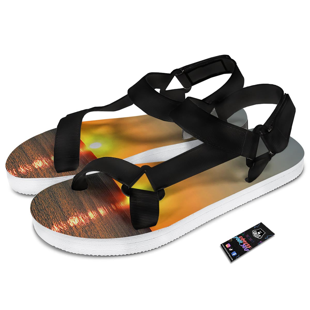 Sunset Over Sea Print Black Open Toe Sandals-grizzshop