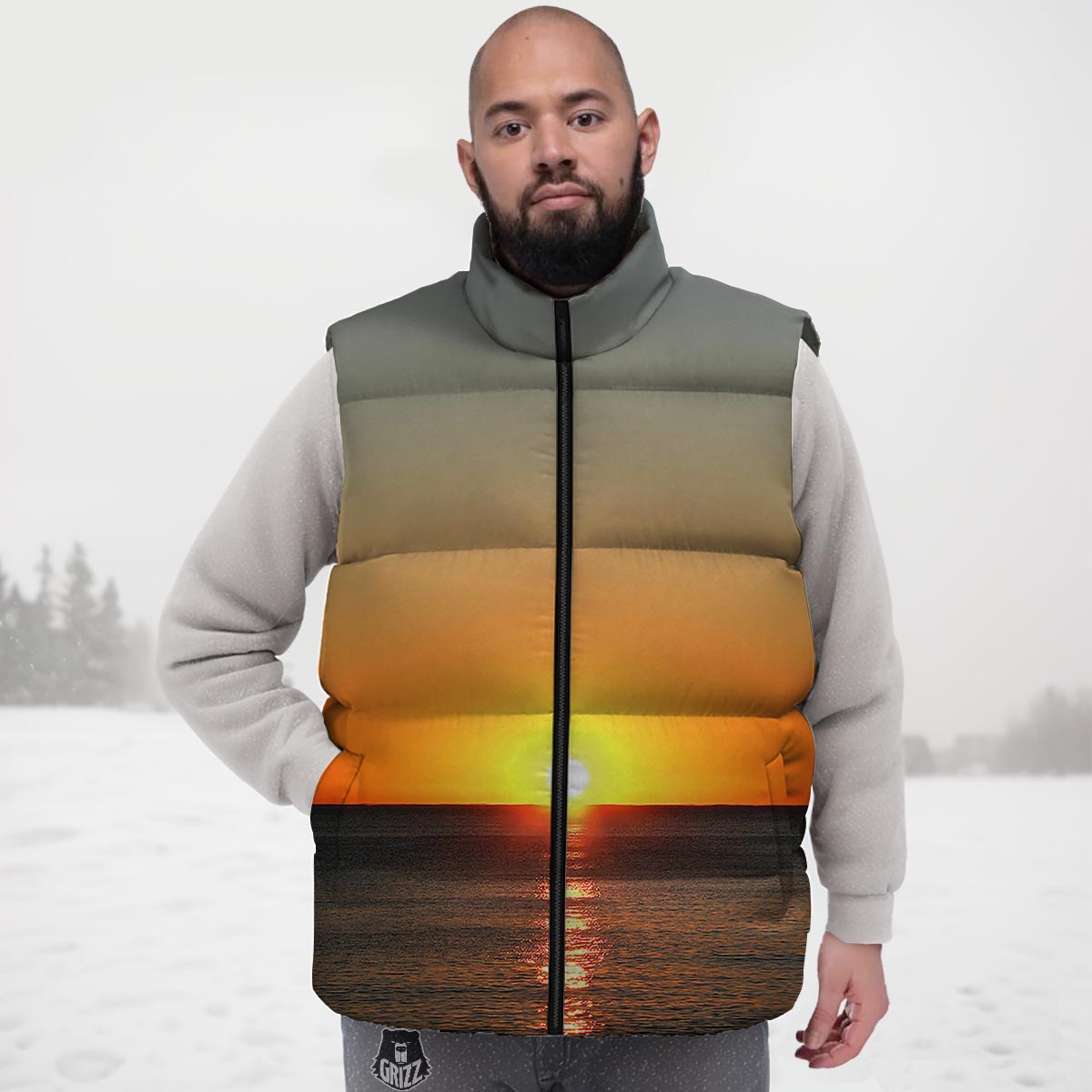 Sunset Over Sea Print Down Vest