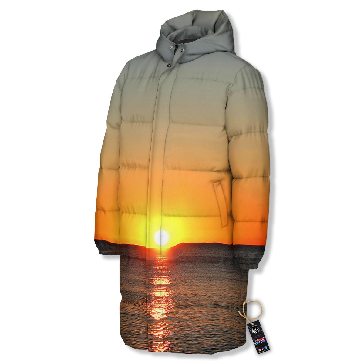 Sunset Over Sea Print Long Down Jacket-grizzshop