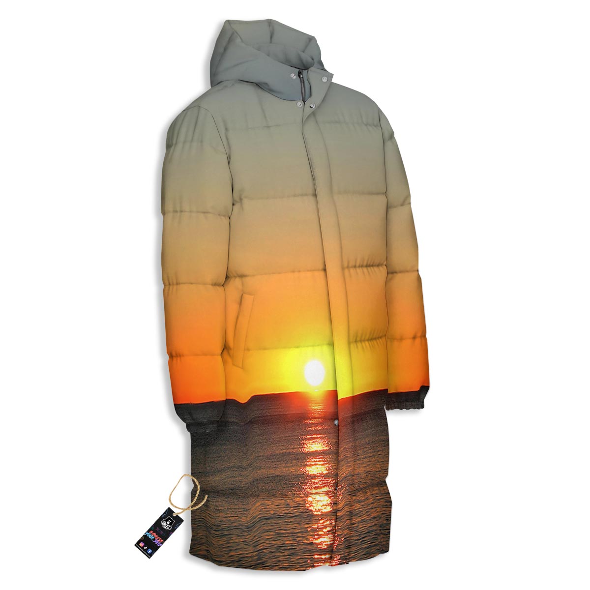 Sunset Over Sea Print Long Down Jacket-grizzshop
