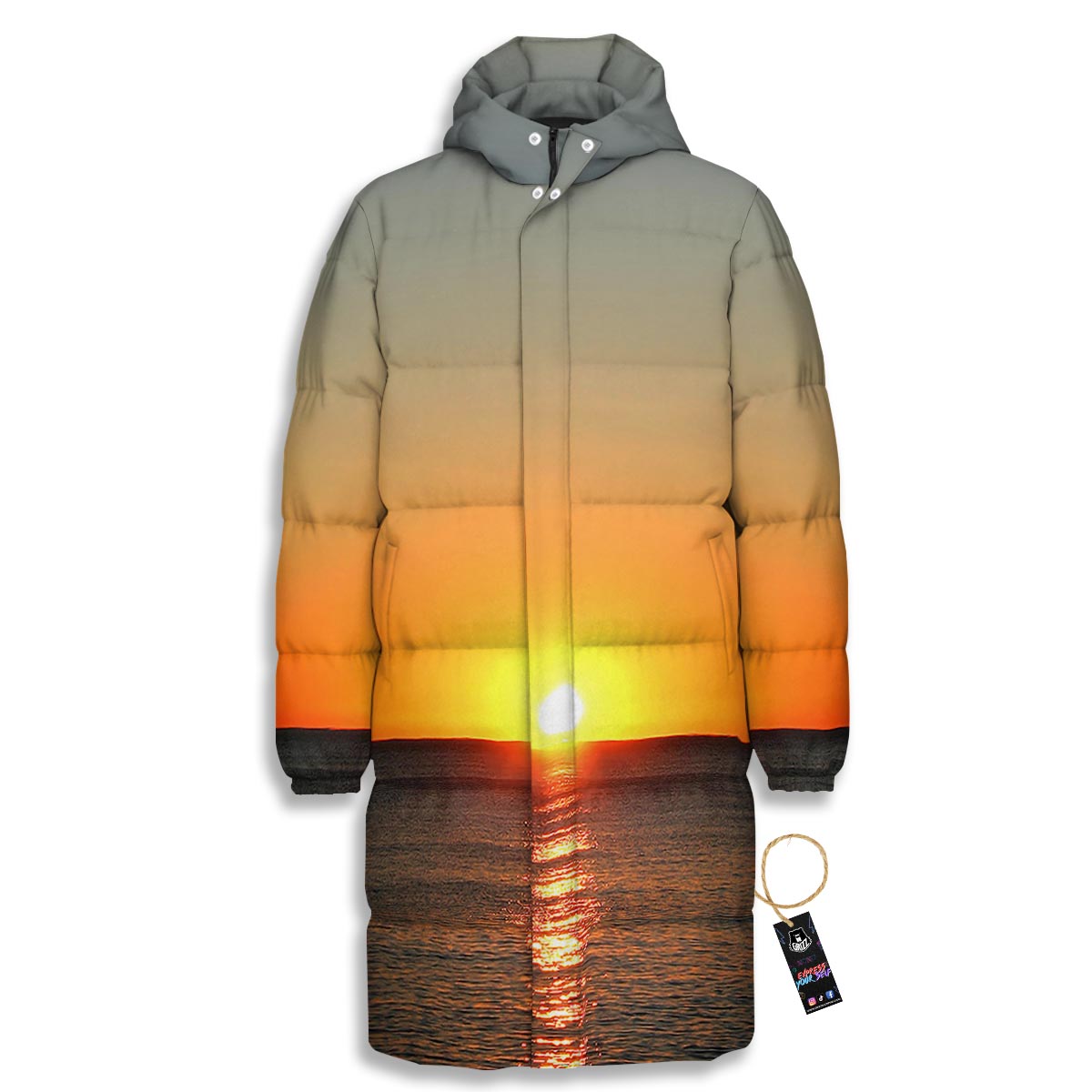 Sunset Over Sea Print Long Down Jacket-grizzshop
