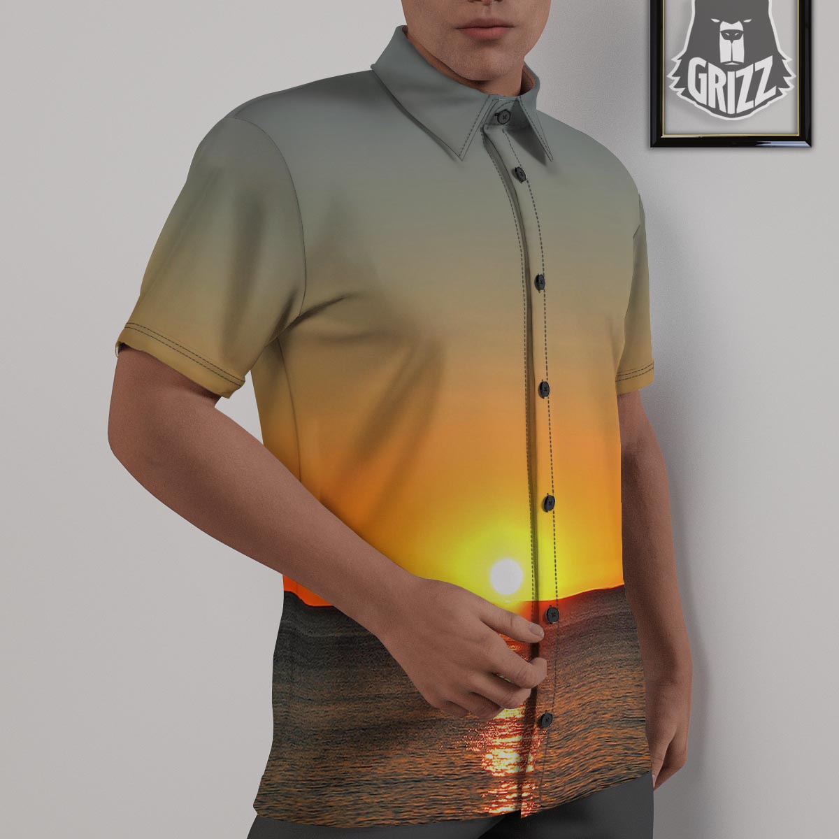 Sunset Over Sea Print Untucked Shirts-grizzshop