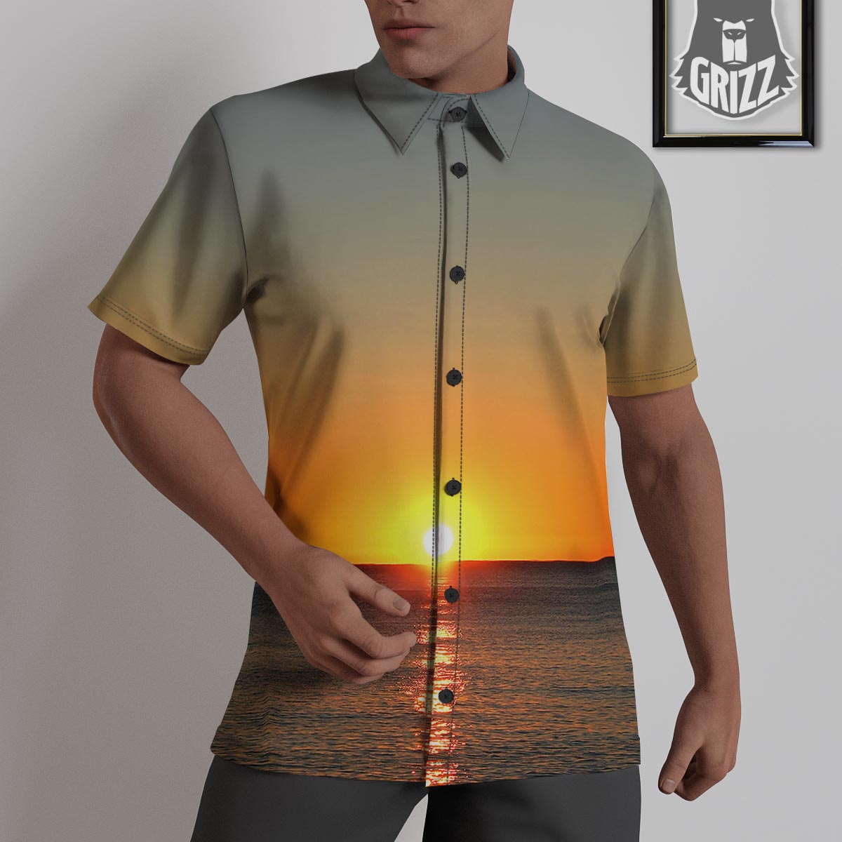 Sunset Over Sea Print Untucked Shirts-grizzshop