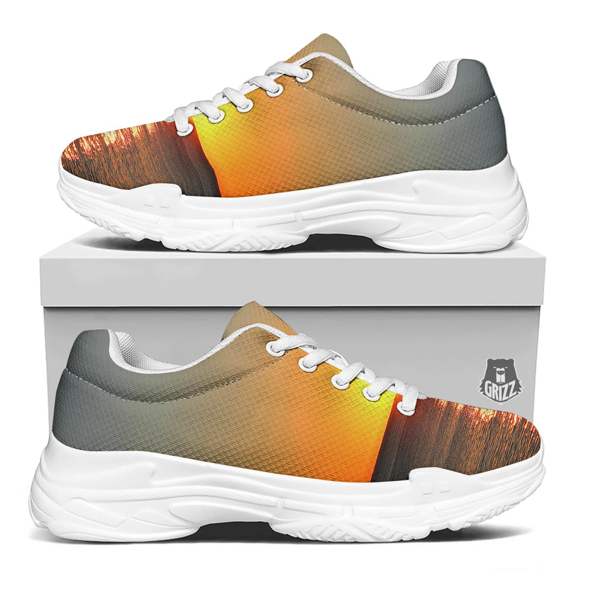 Sunset Over Sea Print White Chunky Shoes-grizzshop